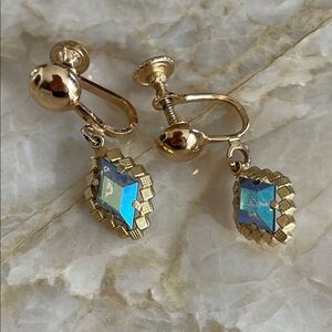 Gold and Blue Dangle Earrings *unpierced*
